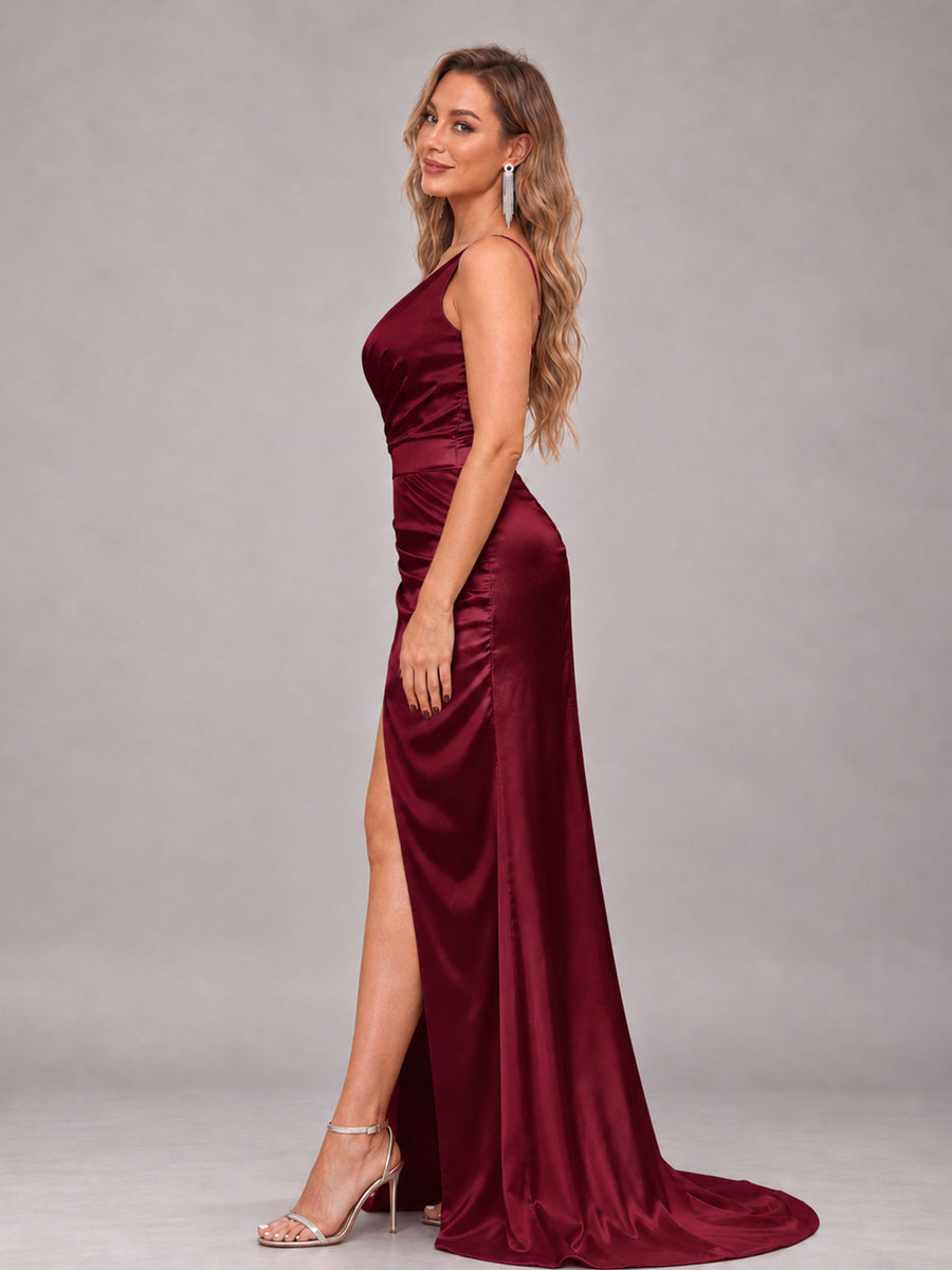 Burgundy Alluring Lace-Up Back One Shoulder Stretch Satin Bridesmaid Dress with Slits