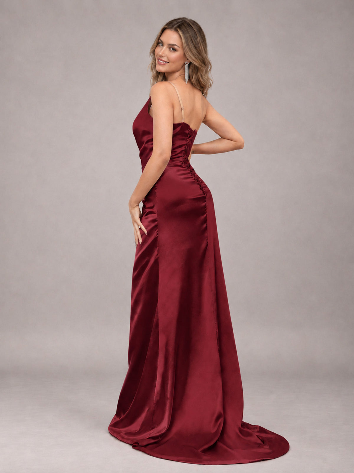 Burgundy Alluring Lace-Up Back One Shoulder Stretch Satin Bridesmaid Dress with Slits
