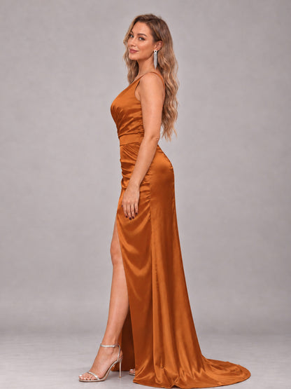 Burnt Orange Alluring Lace-Up Back One Shoulder Stretch Satin Bridesmaid Dress with Slits