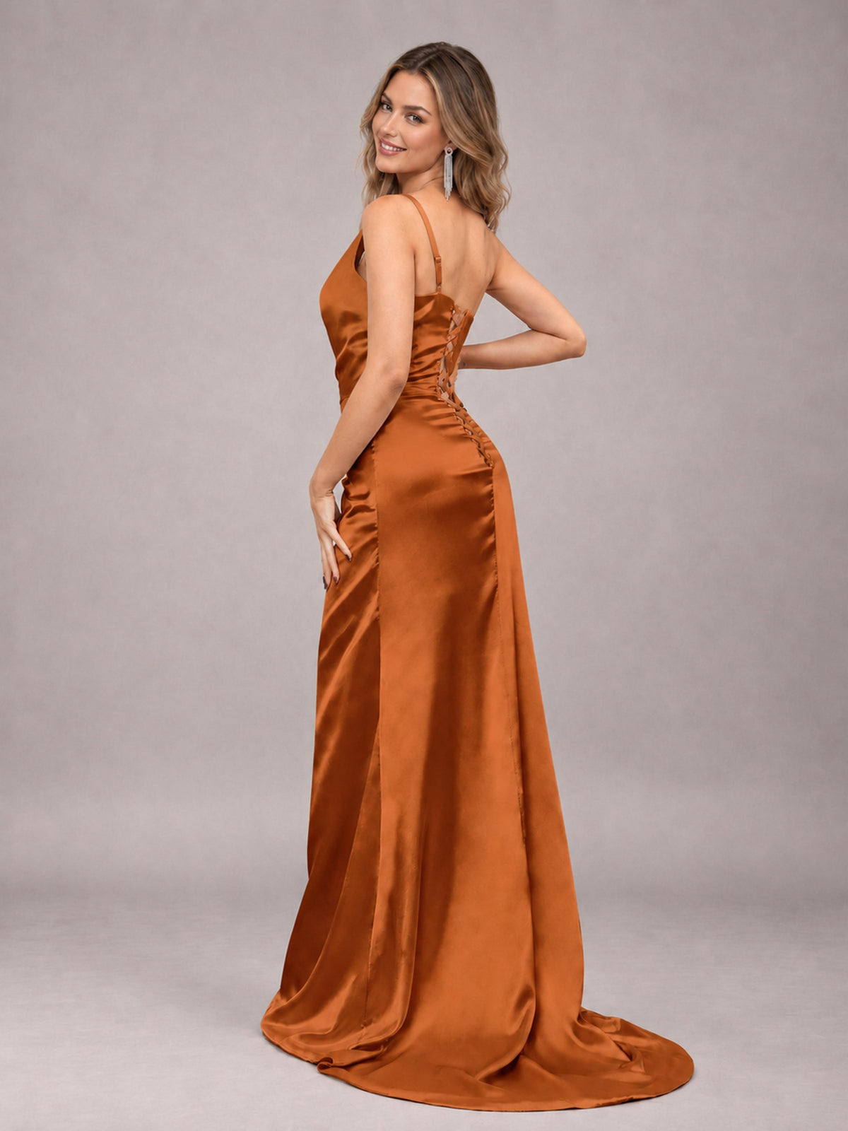 Burnt Orange Alluring Lace-Up Back One Shoulder Stretch Satin Bridesmaid Dress with Slits