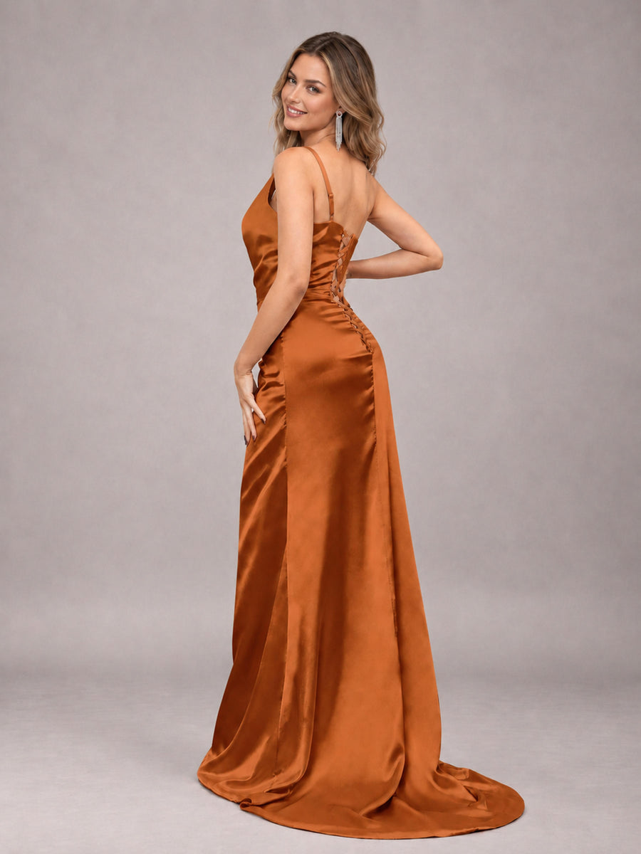 Burnt Orange Alluring Lace-Up Back One Shoulder Stretch Satin Bridesmaid Dress with Slits