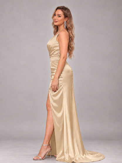 Champagne Alluring Lace-Up Back One Shoulder Stretch Satin Bridesmaid Dress with Slits