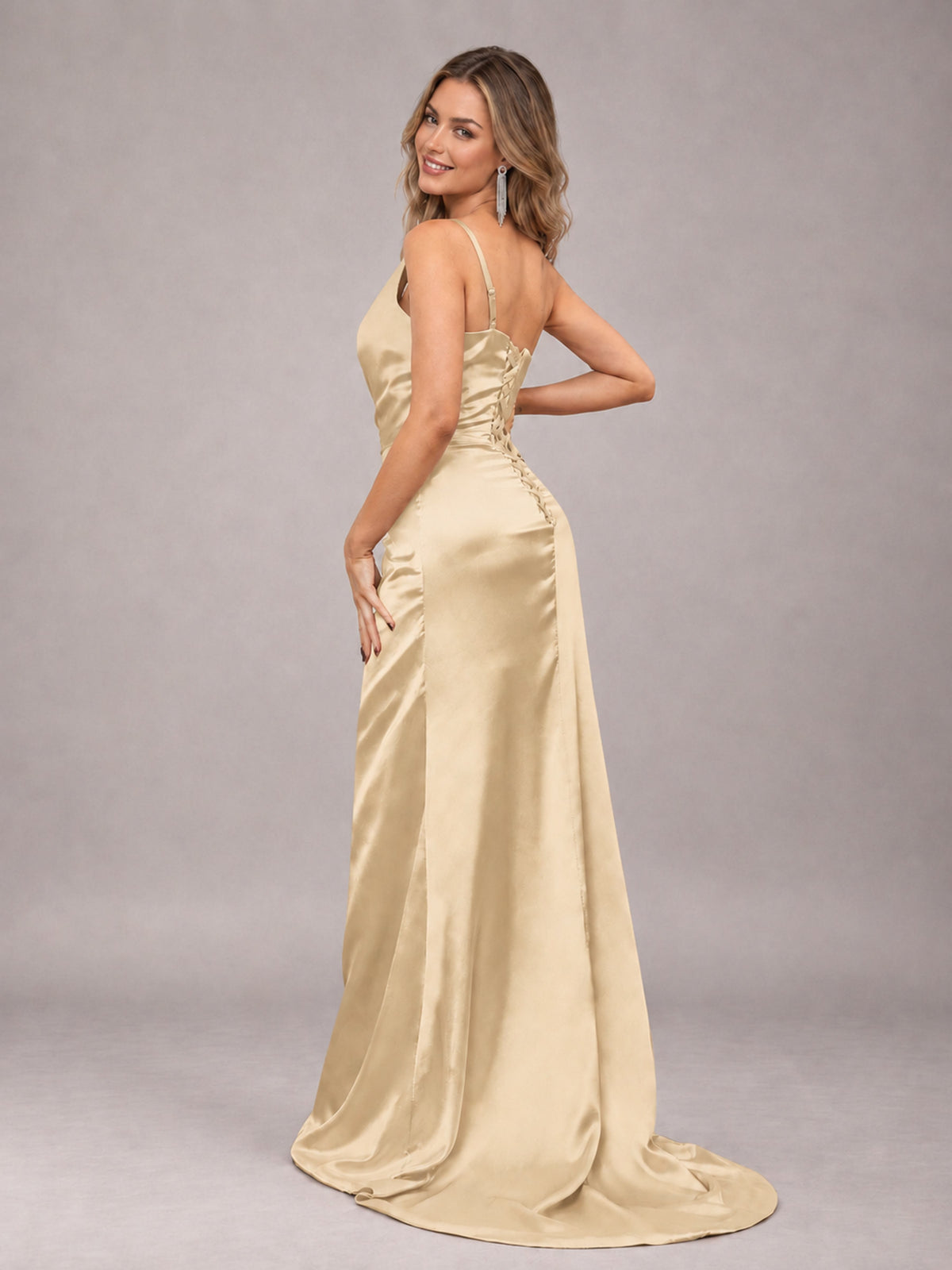 Champagne Alluring Lace-Up Back One Shoulder Stretch Satin Bridesmaid Dress with Slits