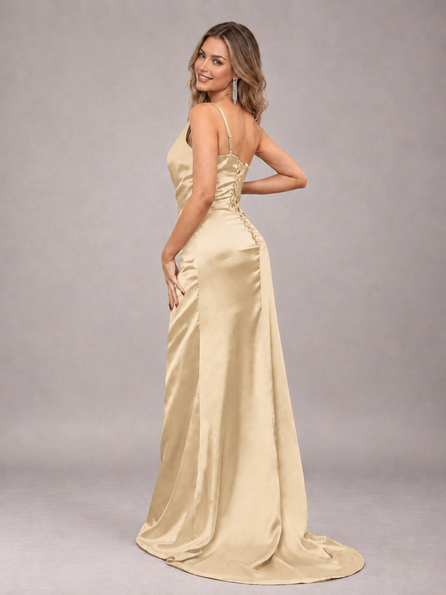 Champagne Alluring Lace-Up Back One Shoulder Stretch Satin Bridesmaid Dress with Slits