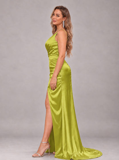 Chartreuse Alluring Lace-Up Back One Shoulder Stretch Satin Bridesmaid Dress with Slits