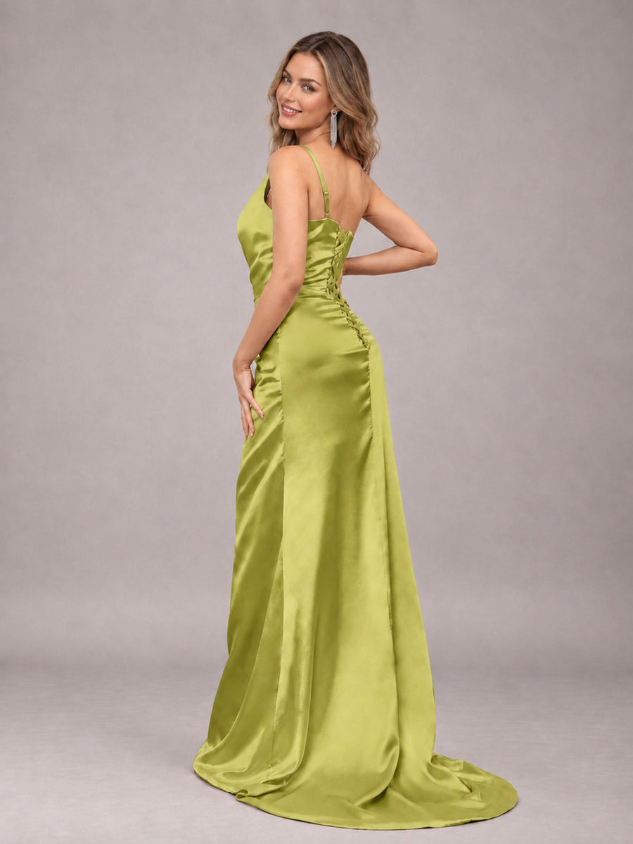 Chartreuse Alluring Lace-Up Back One Shoulder Stretch Satin Bridesmaid Dress with Slits