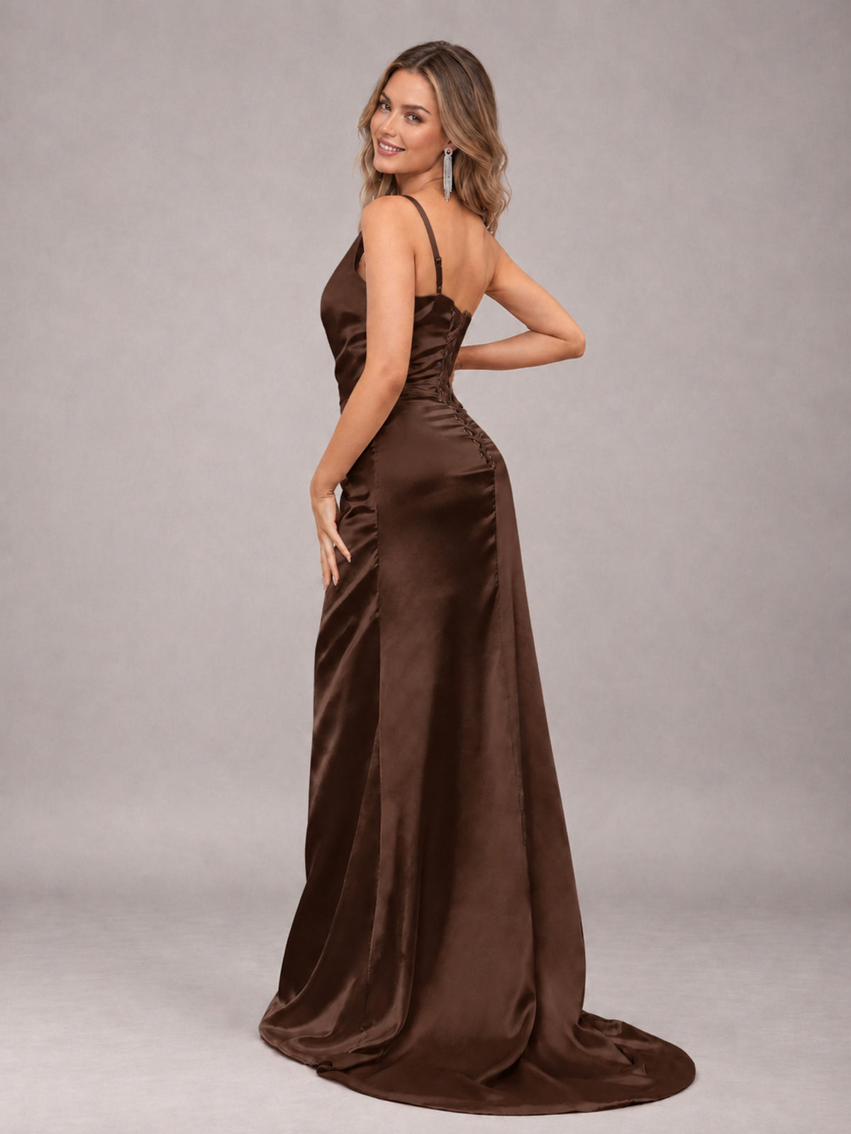 Chocolate Alluring Lace-Up Back One Shoulder Stretch Satin Bridesmaid Dress with Slits