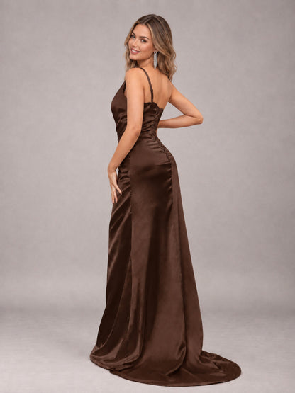 Chocolate Alluring Lace-Up Back One Shoulder Stretch Satin Bridesmaid Dress with Slits