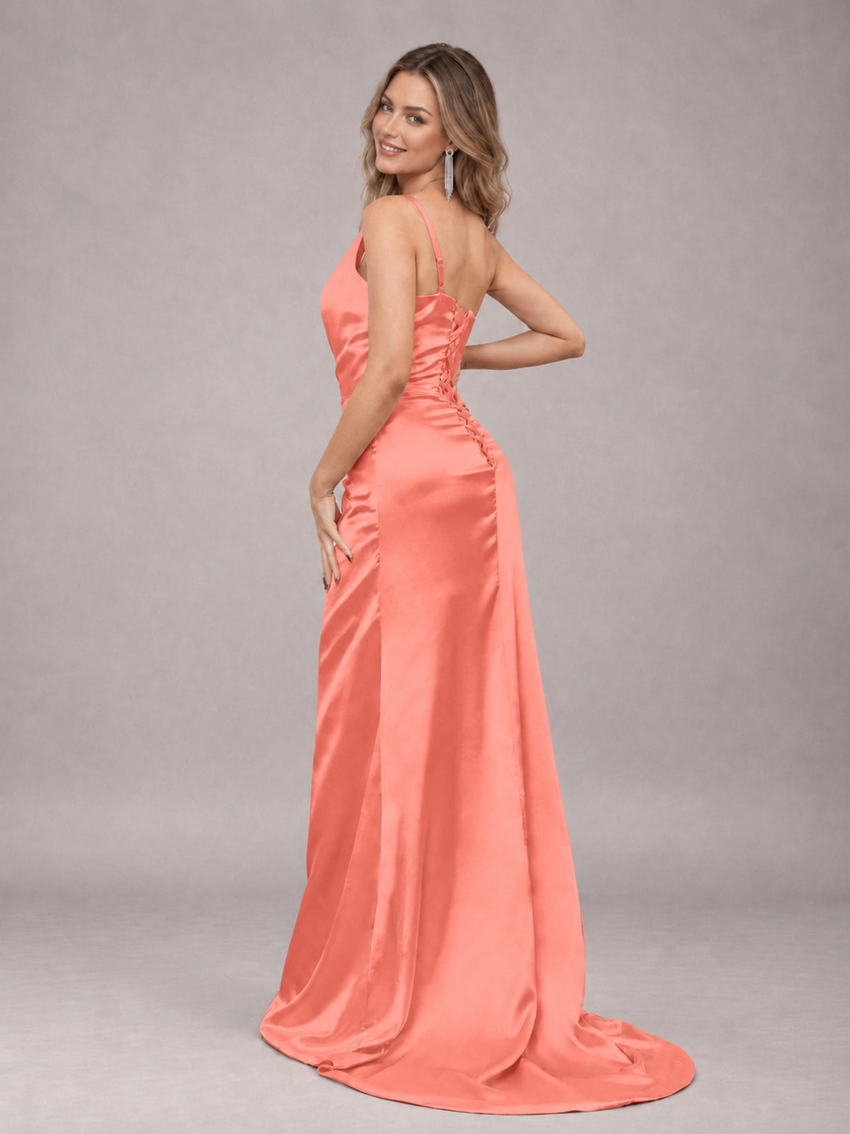 Coral Alluring Lace-Up Back One Shoulder Stretch Satin Bridesmaid Dress with Slits
