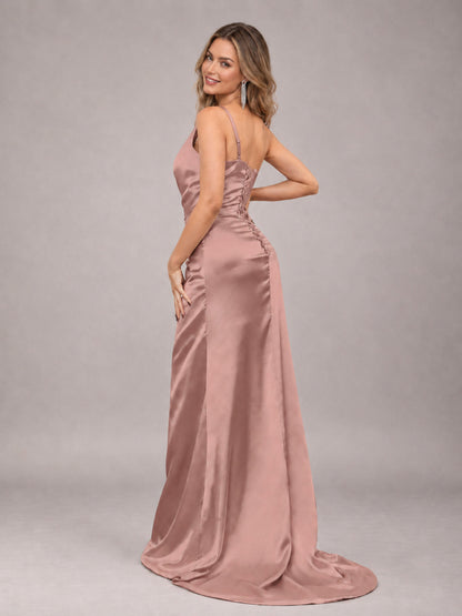 Dusty Rose Alluring Lace-Up Back One Shoulder Stretch Satin Bridesmaid Dress with Slits