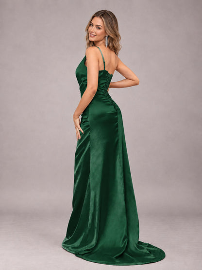 Emerald Green Alluring Lace-Up Back One Shoulder Stretch Satin Bridesmaid Dress with Slits