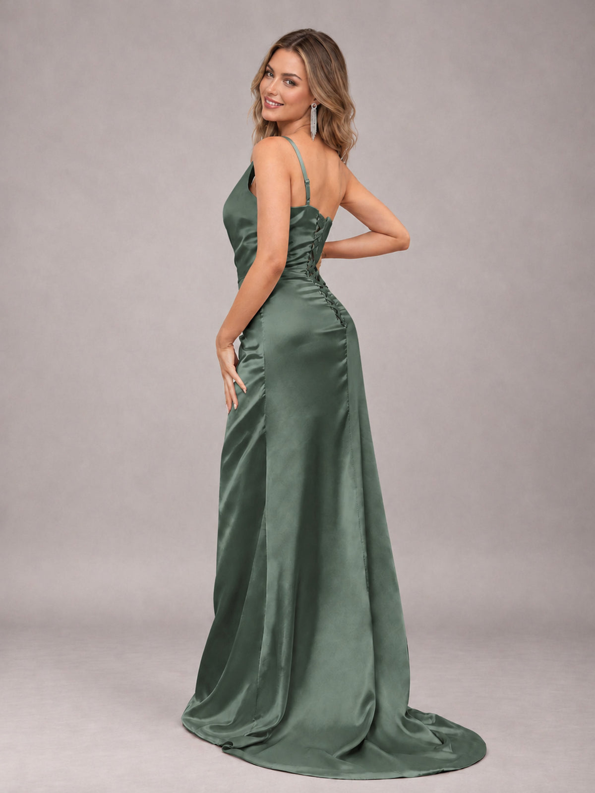 Eucalyptus Alluring Lace-Up Back One Shoulder Stretch Satin Bridesmaid Dress with Slits