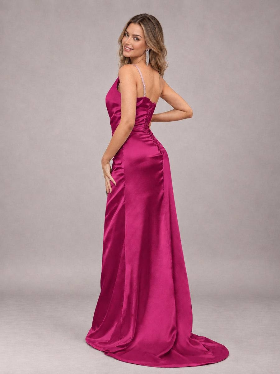 Fuchsia Alluring Lace-Up Back One Shoulder Stretch Satin Bridesmaid Dress with Slits