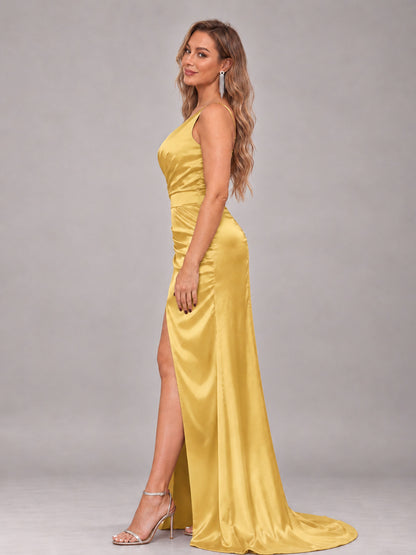 Gold Alluring Lace-Up Back One Shoulder Stretch Satin Bridesmaid Dress with Slits