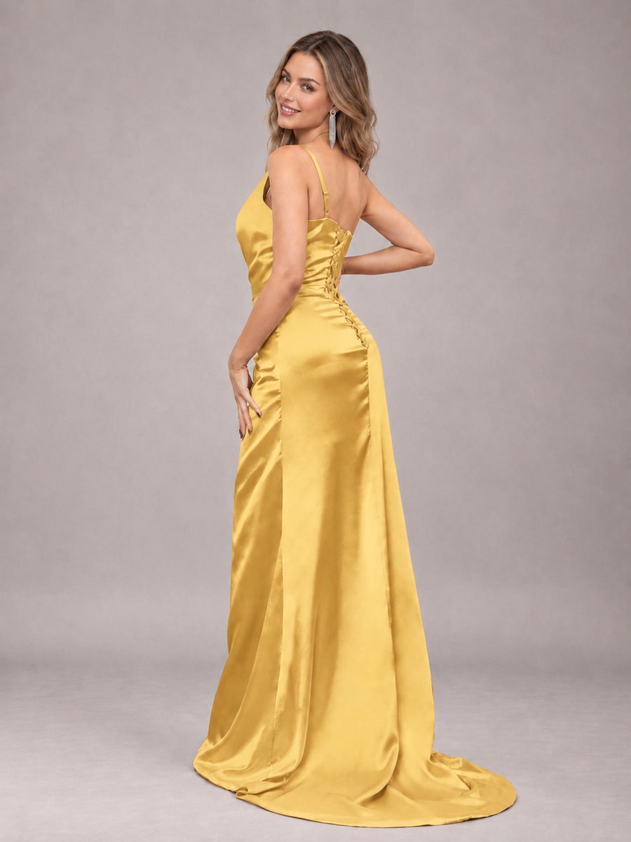 Gold Alluring Lace-Up Back One Shoulder Stretch Satin Bridesmaid Dress with Slits