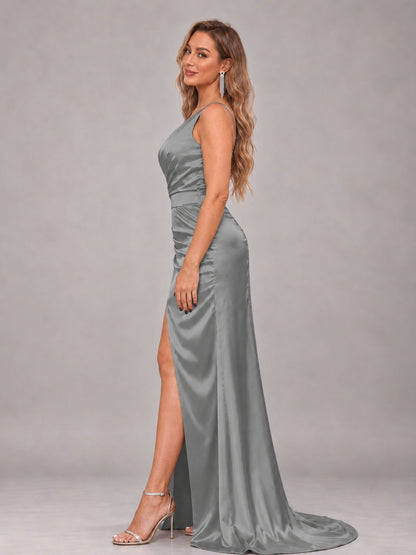 Grey Alluring Lace-Up Back One Shoulder Stretch Satin Bridesmaid Dress with Slits