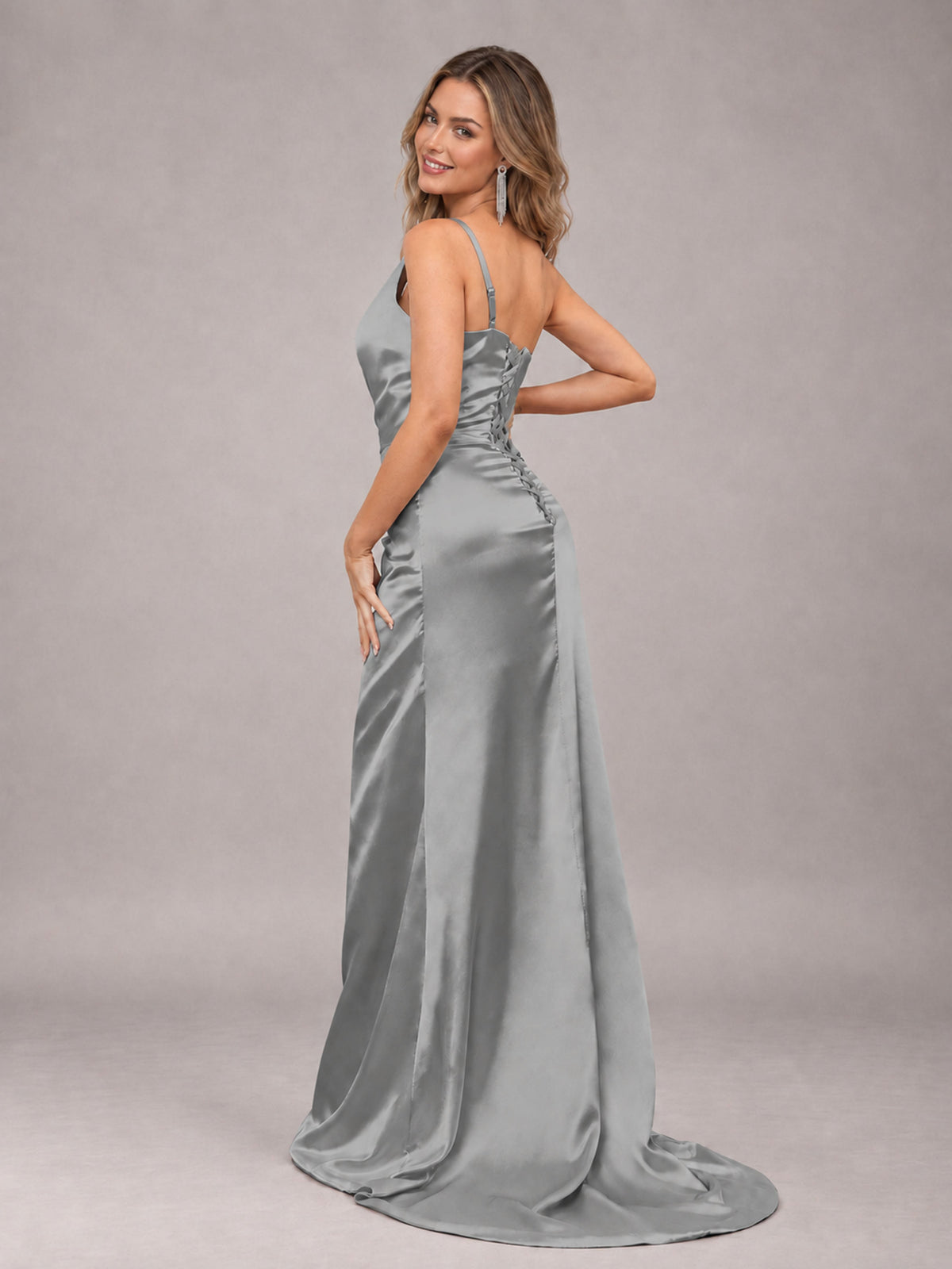 Grey Alluring Lace-Up Back One Shoulder Stretch Satin Bridesmaid Dress with Slits