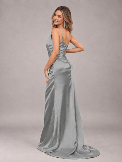 Grey Alluring Lace-Up Back One Shoulder Stretch Satin Bridesmaid Dress with Slits