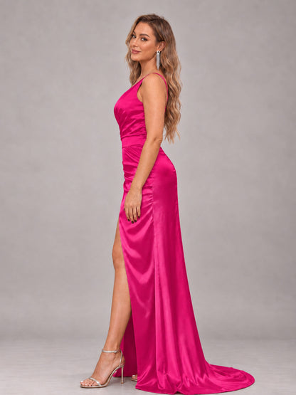 Hot Pink Alluring Lace-Up Back One Shoulder Stretch Satin Bridesmaid Dress with Slits