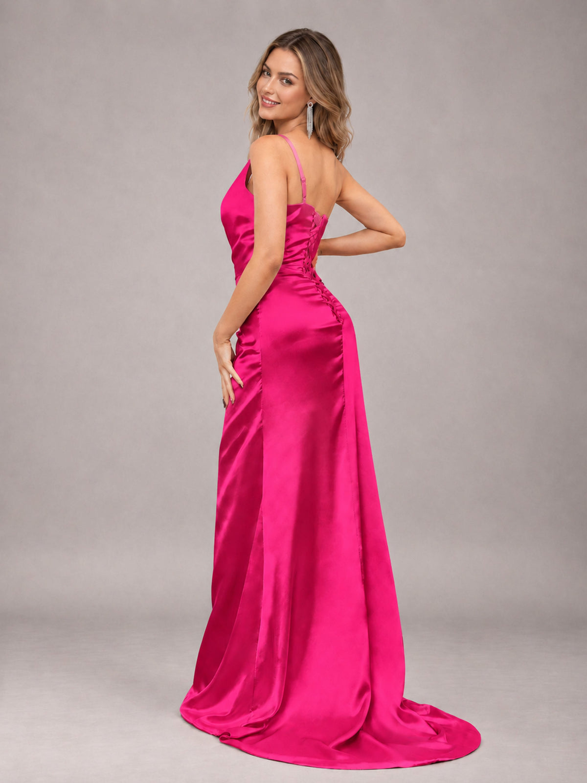 Hot Pink Alluring Lace-Up Back One Shoulder Stretch Satin Bridesmaid Dress with Slits