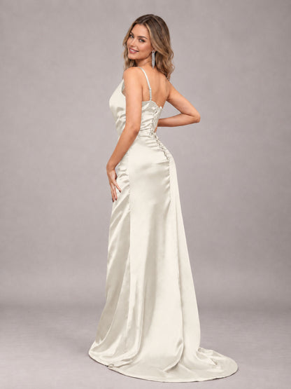 Ivory Alluring Lace-Up Back One Shoulder Stretch Satin Bridesmaid Dress with Slits