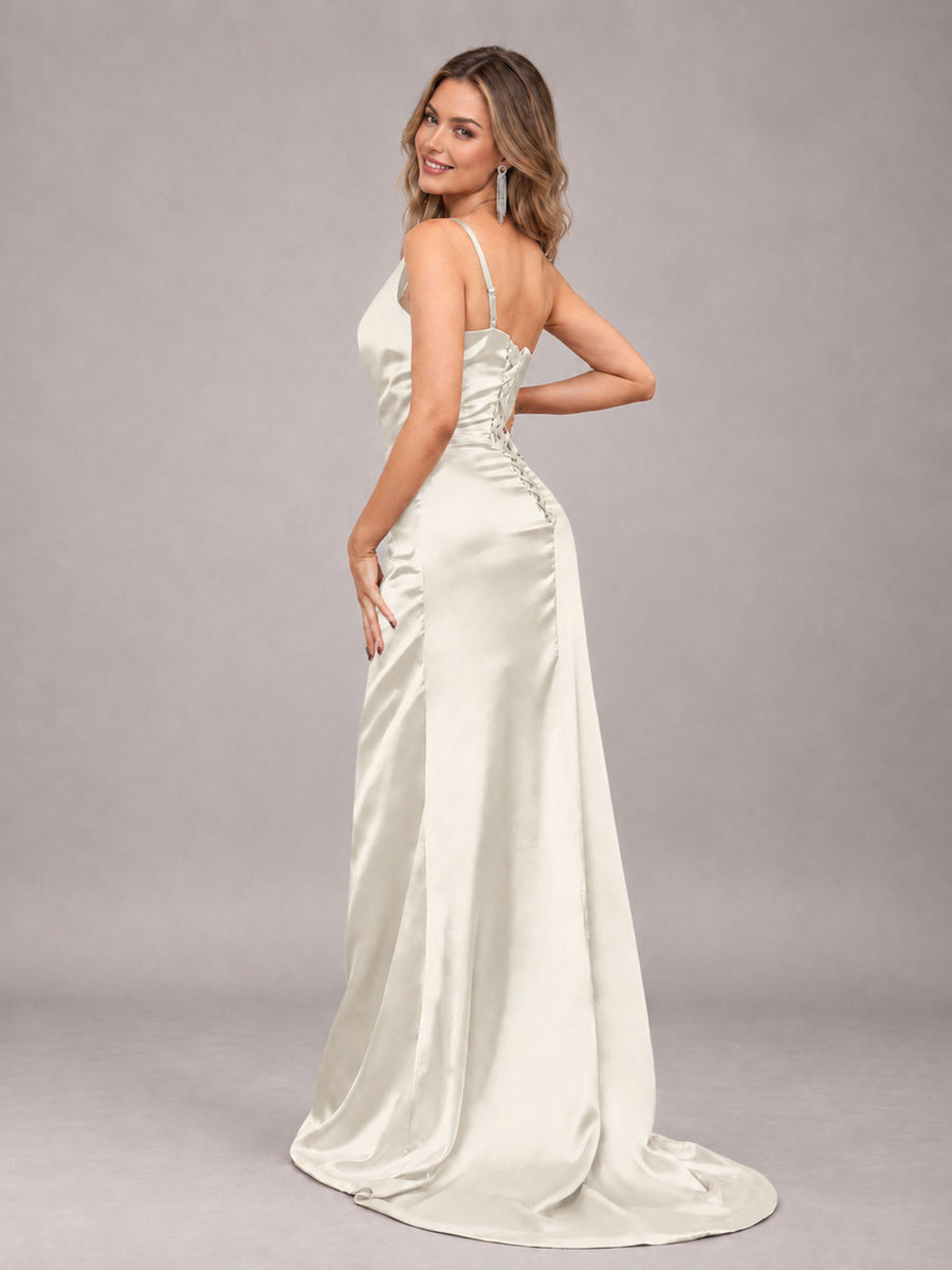 Ivory Alluring Lace-Up Back One Shoulder Stretch Satin Bridesmaid Dress with Slits