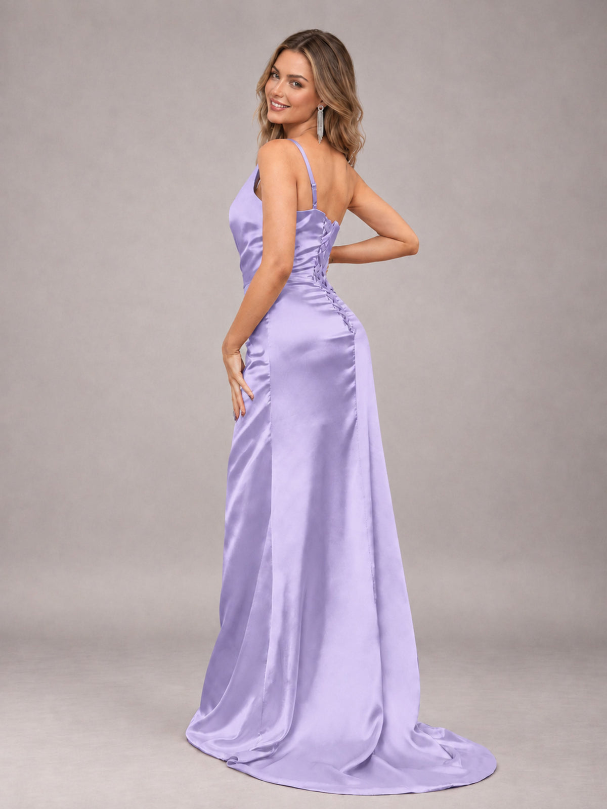 Lavender Alluring Lace-Up Back One Shoulder Stretch Satin Bridesmaid Dress with Slits
