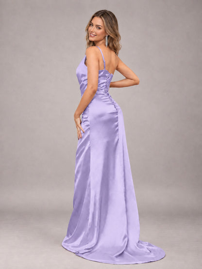 Lavender Alluring Lace-Up Back One Shoulder Stretch Satin Bridesmaid Dress with Slits