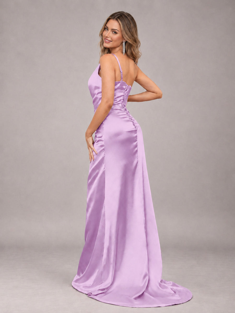 Lilac Alluring Lace-Up Back One Shoulder Stretch Satin Bridesmaid Dress with Slits