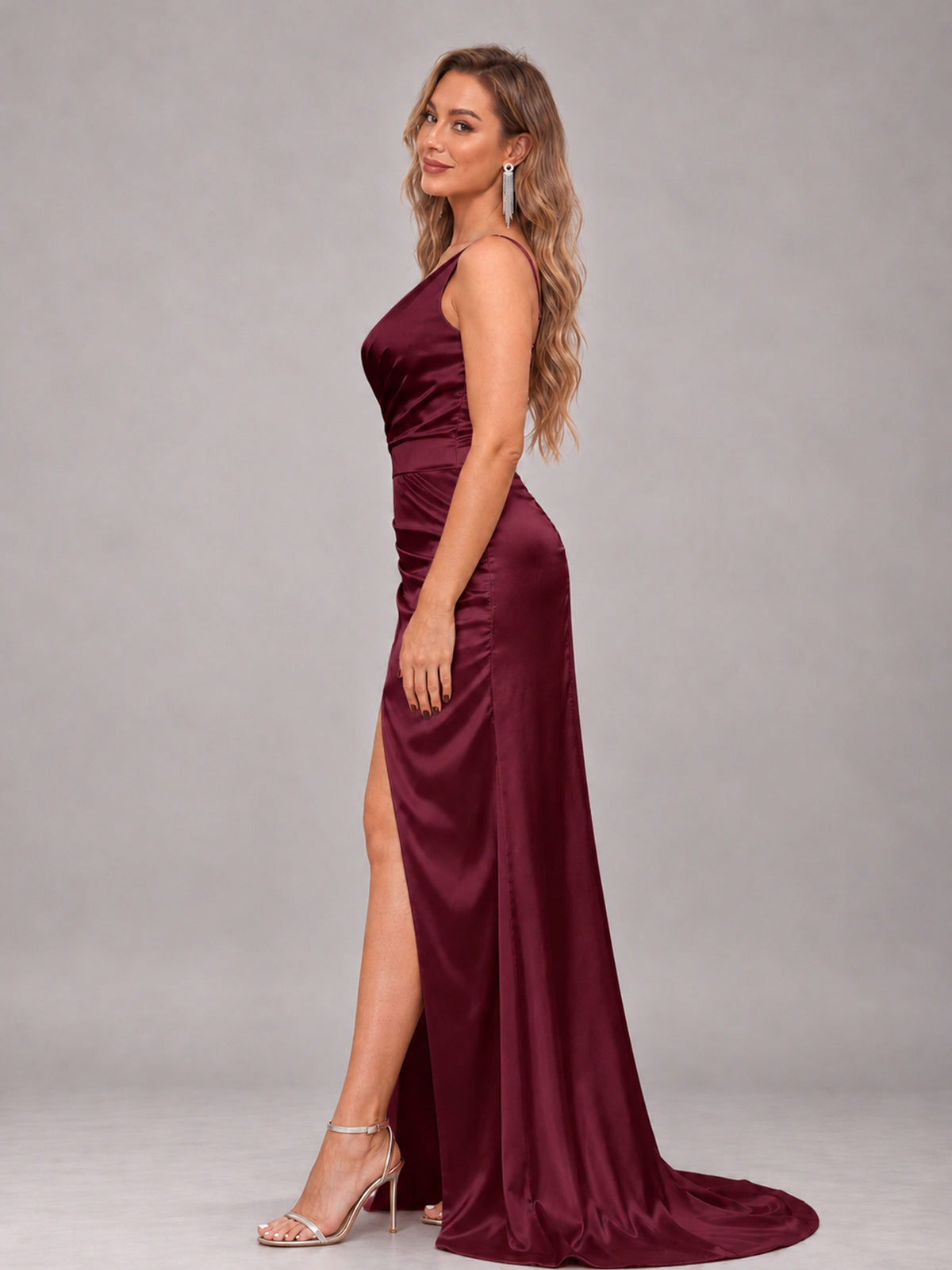 Maroon Alluring Lace-Up Back One Shoulder Stretch Satin Bridesmaid Dress with Slits