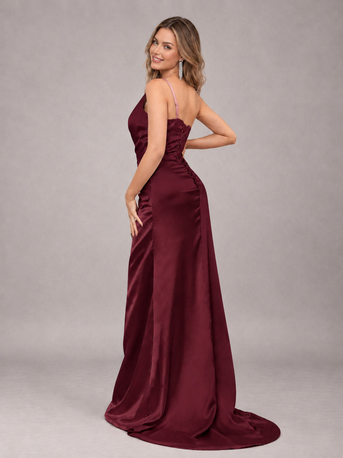 Maroon Alluring Lace-Up Back One Shoulder Stretch Satin Bridesmaid Dress with Slits