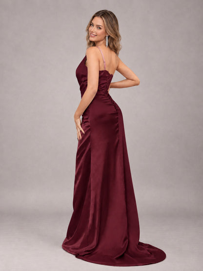 Maroon Alluring Lace-Up Back One Shoulder Stretch Satin Bridesmaid Dress with Slits