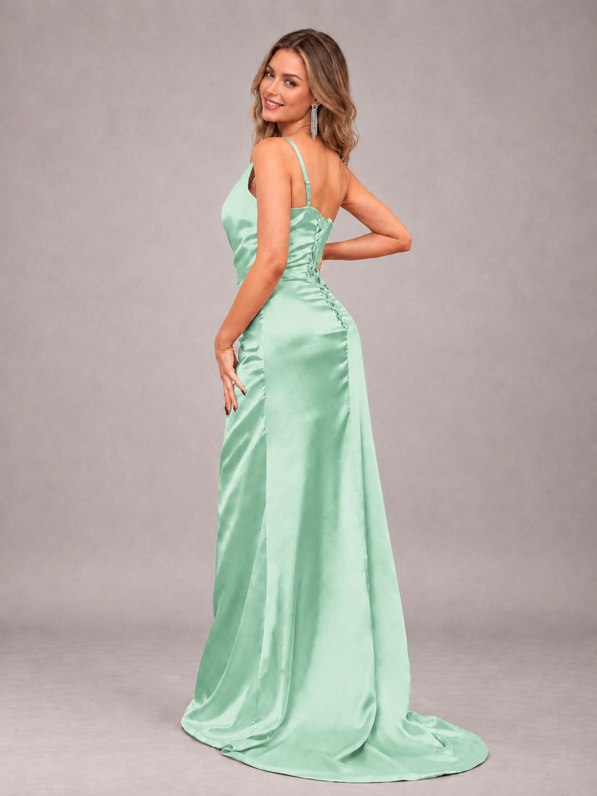Mint Green Alluring Lace-Up Back One Shoulder Stretch Satin Bridesmaid Dress with Slits