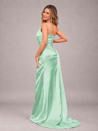Mint Green Alluring Lace-Up Back One Shoulder Stretch Satin Bridesmaid Dress with Slits