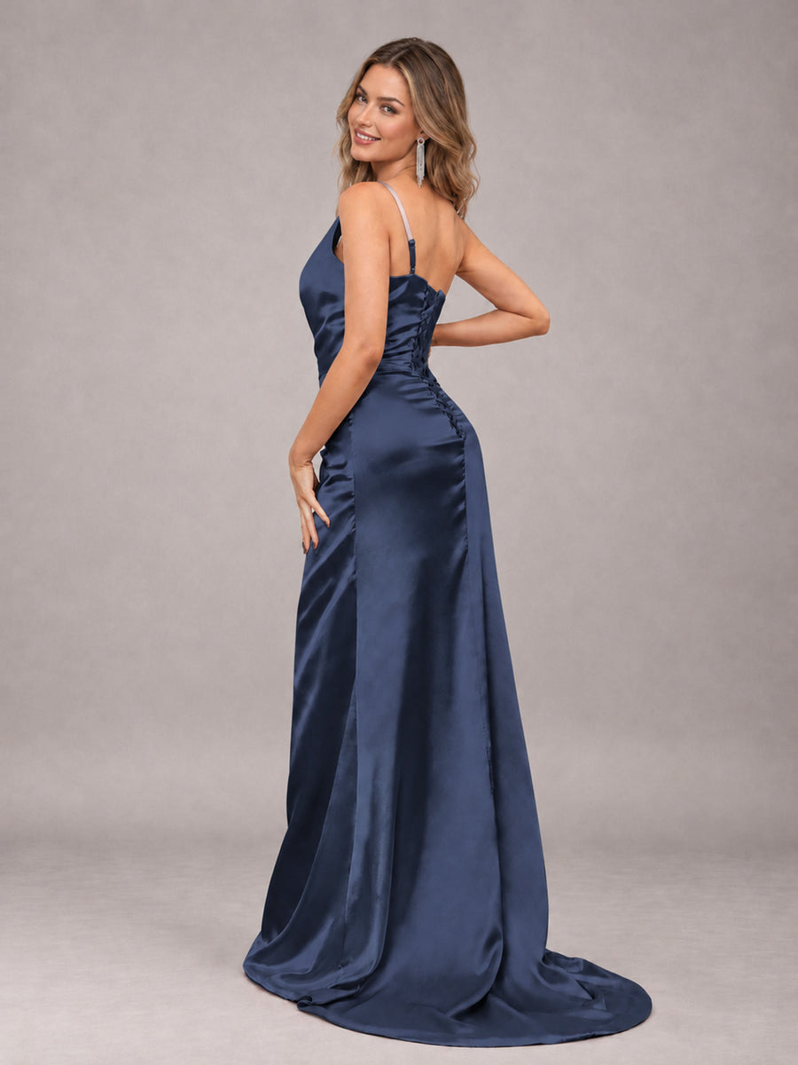 Navy Blue Alluring Lace-Up Back One Shoulder Stretch Satin Bridesmaid Dress with Slits