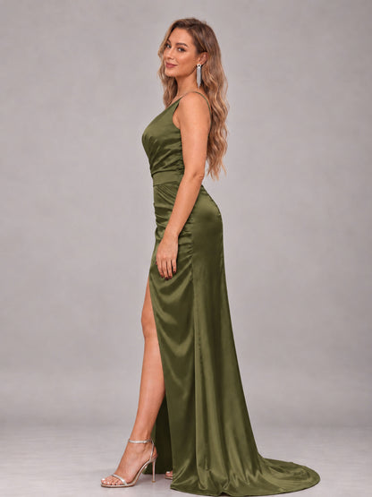 Olive Green Alluring Lace-Up Back One Shoulder Stretch Satin Bridesmaid Dress with Slits