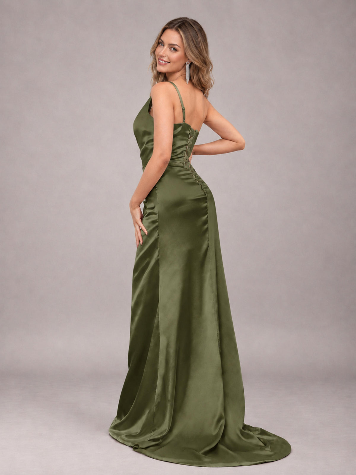 Olive Green Alluring Lace-Up Back One Shoulder Stretch Satin Bridesmaid Dress with Slits