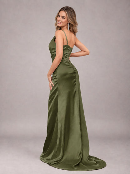 Olive Green Alluring Lace-Up Back One Shoulder Stretch Satin Bridesmaid Dress with Slits