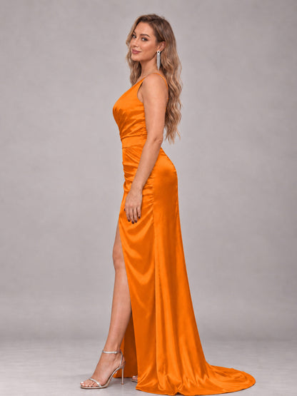 Orange Alluring Lace-Up Back One Shoulder Stretch Satin Bridesmaid Dress with Slits