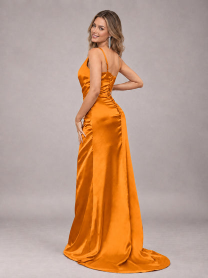 Orange Alluring Lace-Up Back One Shoulder Stretch Satin Bridesmaid Dress with Slits