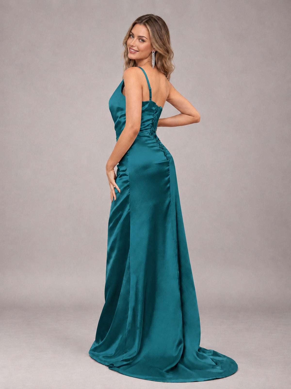 Peacock Alluring Lace-Up Back One Shoulder Stretch Satin Bridesmaid Dress with Slits