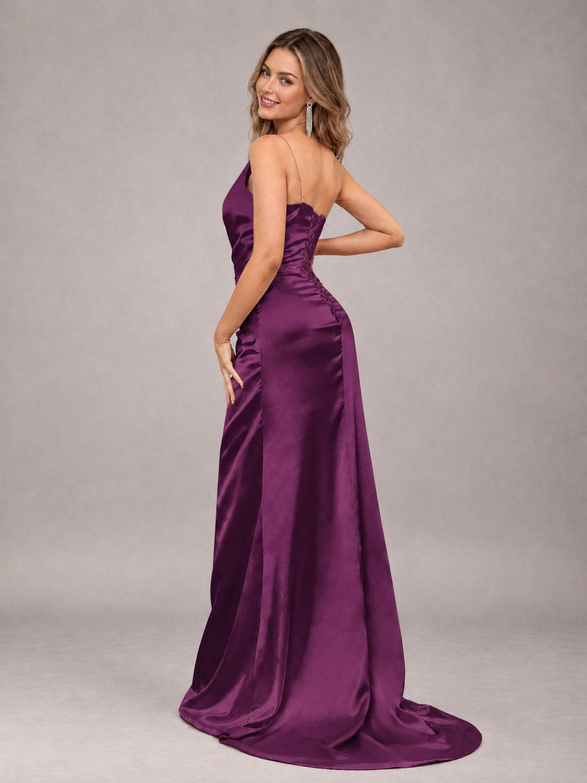 Plum Alluring Lace-Up Back One Shoulder Stretch Satin Bridesmaid Dress with Slits