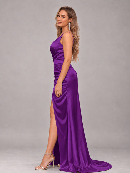 Purple Alluring Lace-Up Back One Shoulder Stretch Satin Bridesmaid Dress with Slits