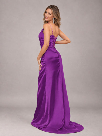 Purple Alluring Lace-Up Back One Shoulder Stretch Satin Bridesmaid Dress with Slits