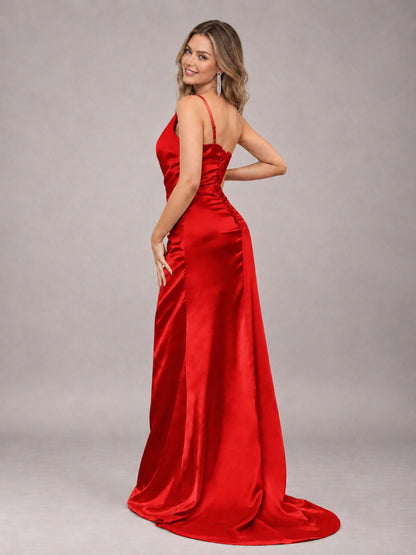Red Alluring Lace-Up Back One Shoulder Stretch Satin Bridesmaid Dress with Slits