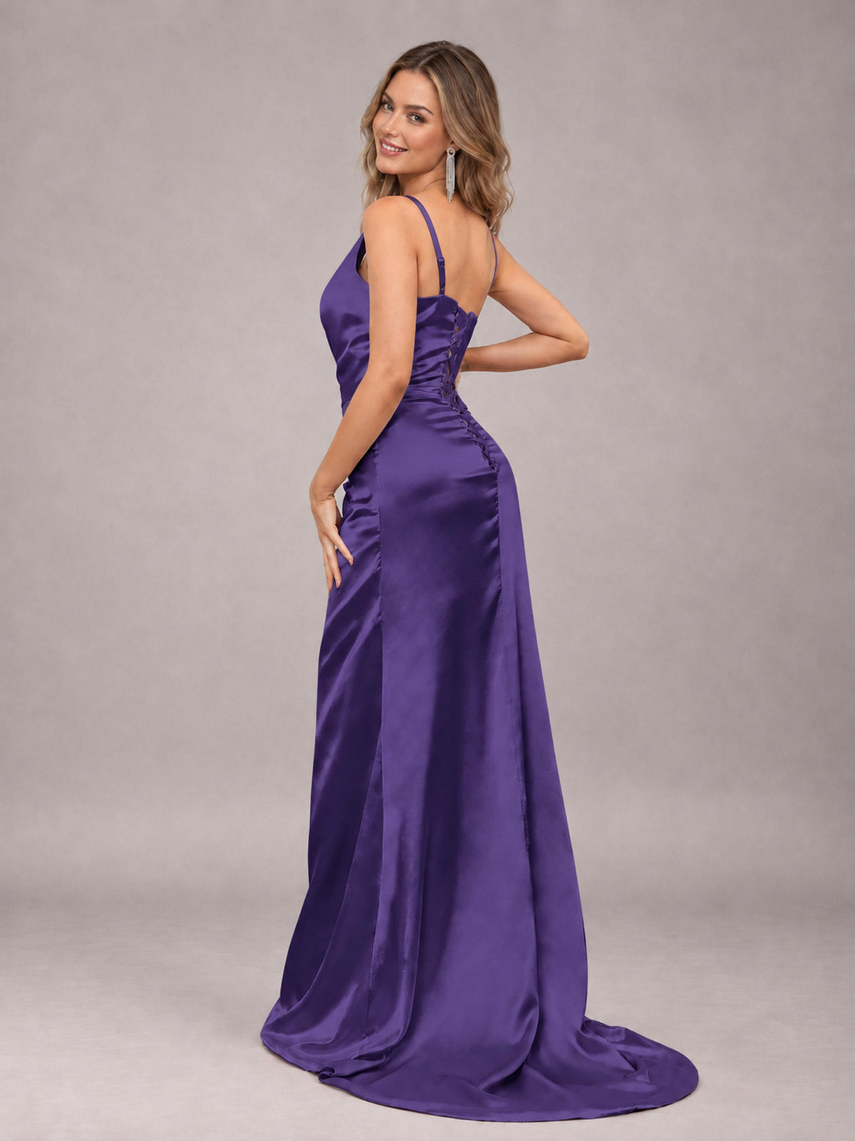 Regency Alluring Lace-Up Back One Shoulder Stretch Satin Bridesmaid Dress with Slits