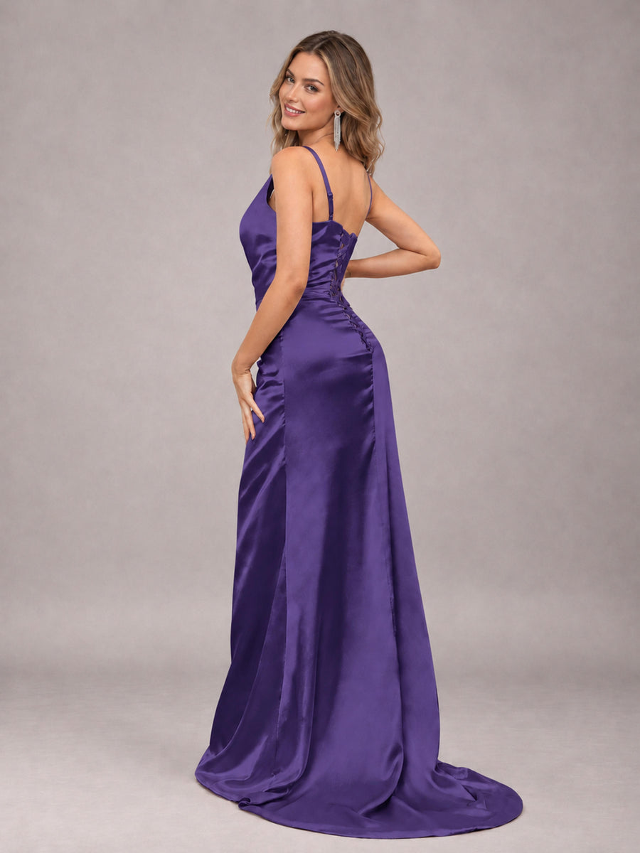 Regency Alluring Lace-Up Back One Shoulder Stretch Satin Bridesmaid Dress with Slits