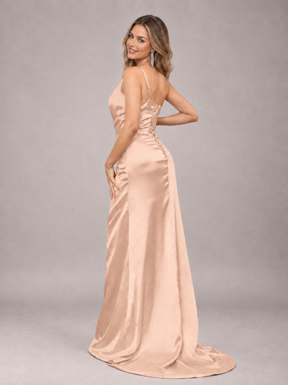Rose Gold Alluring Lace-Up Back One Shoulder Stretch Satin Bridesmaid Dress with Slits