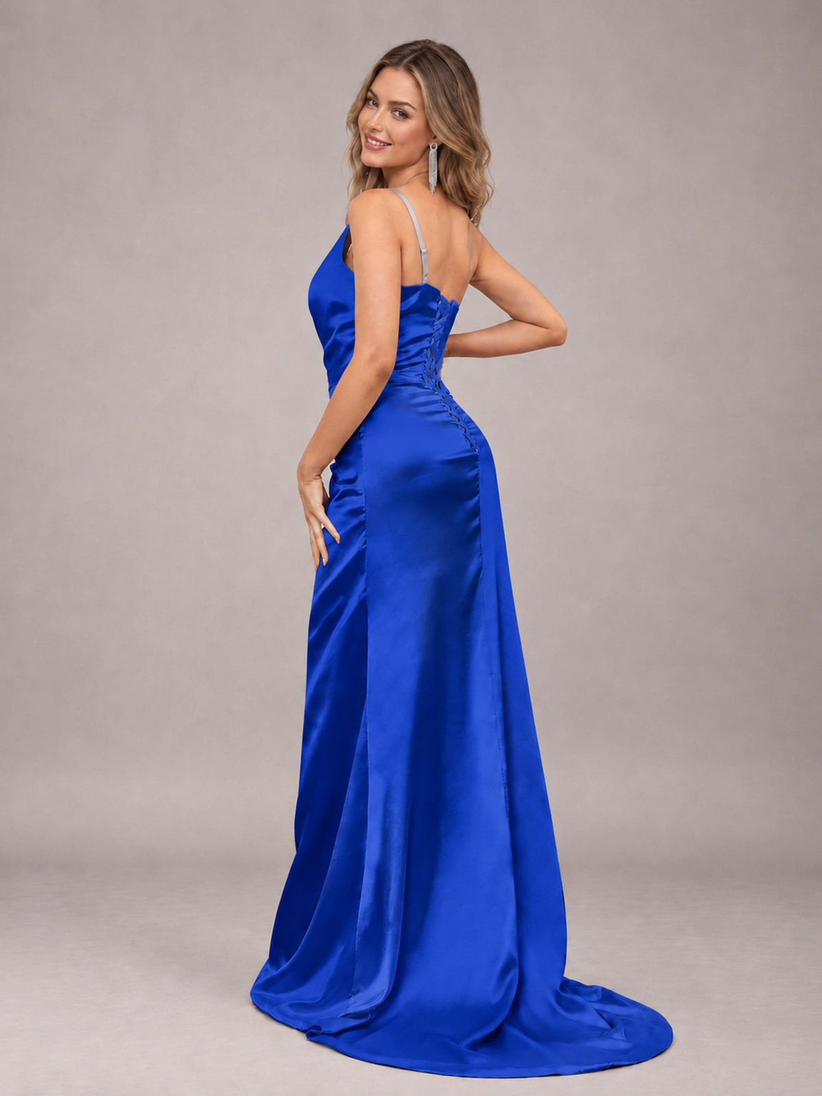 Royal Blue Alluring Lace-Up Back One Shoulder Stretch Satin Bridesmaid Dress with Slits