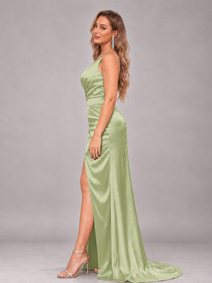 Sage Green Alluring Lace-Up Back One Shoulder Stretch Satin Bridesmaid Dress with Slits